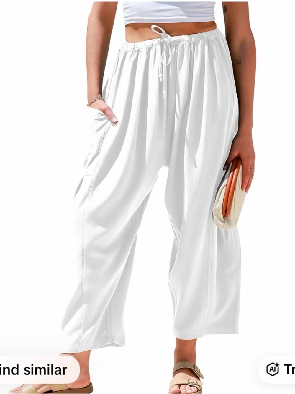 Women's White Wide-Leg Drawstring Pants with Pockets